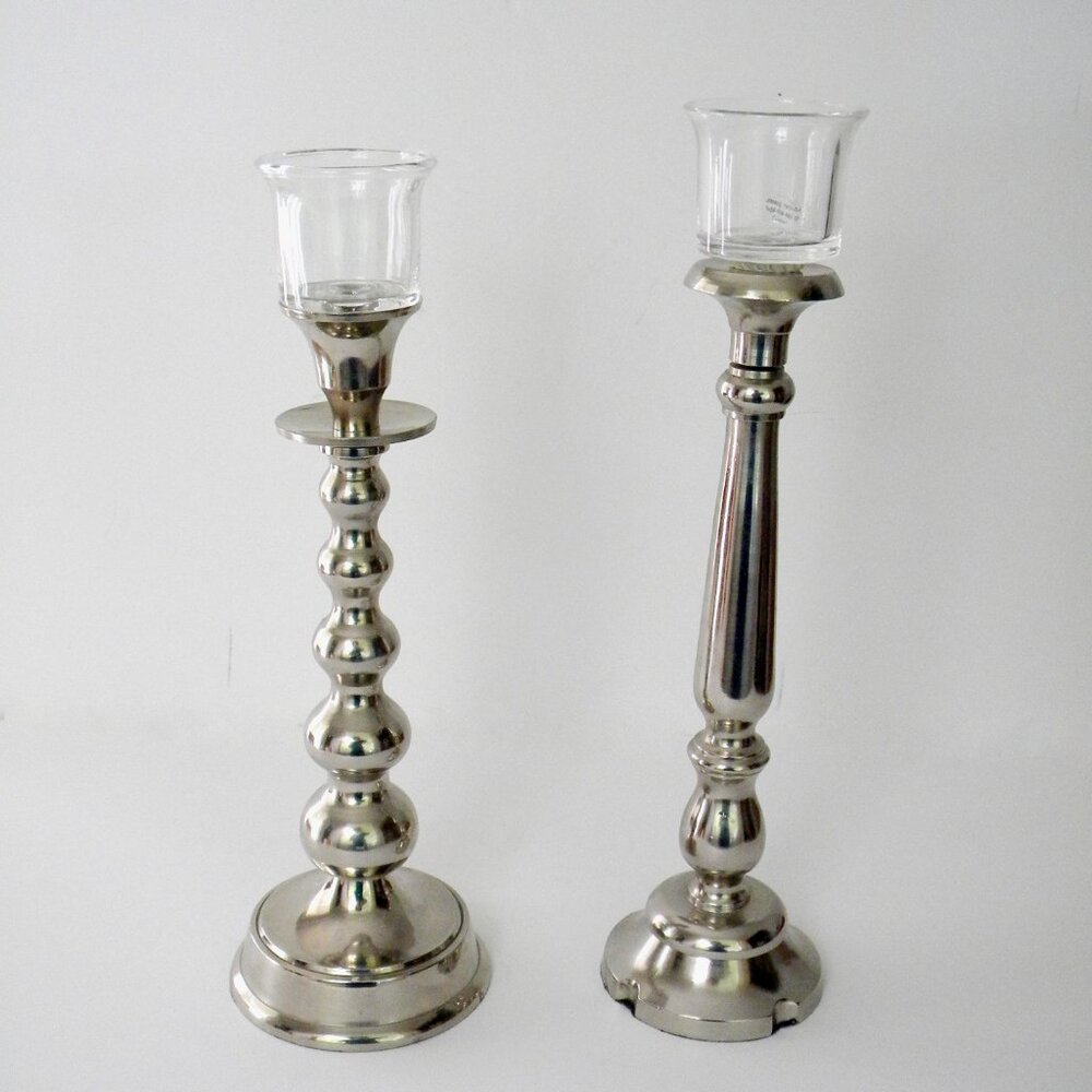 Silver-colored Candle Stick Holders A Pair 12" And 13"